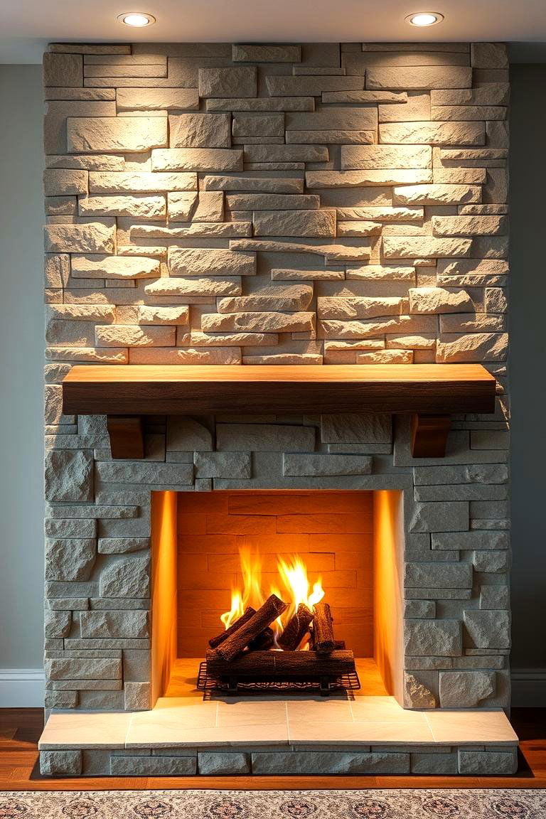 Faux Stone Fireplace with Recessed Lighting - 25 Faux Stone Fireplace Ideas