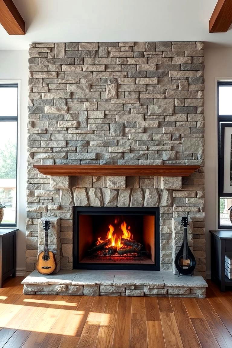 Faux Stone Fireplace with Statement Surround - 25 Faux Stone Fireplace Ideas