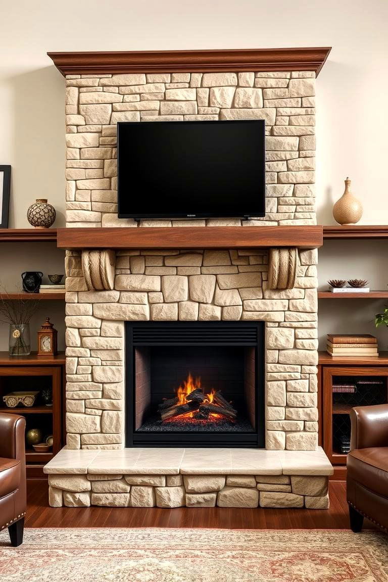 Faux Stone Fireplace with Surrounding Mantel and Shelves - 25 Faux Stone Fireplace Ideas