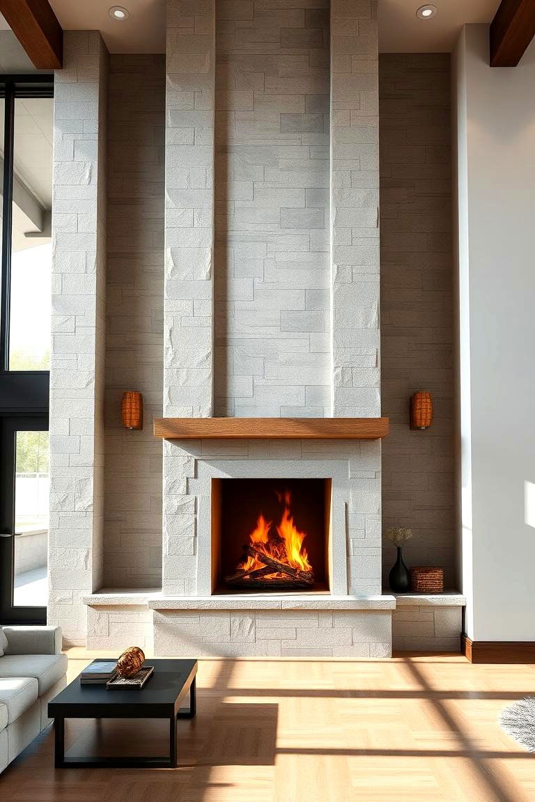 Faux Stone Fireplace with a Tall Vertical Design - 25 Faux Stone Fireplace Ideas