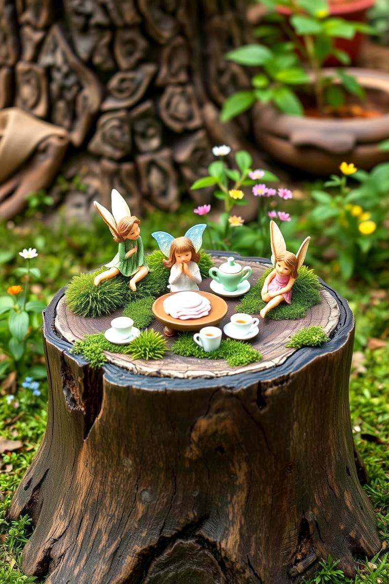 Featuring a Fairy Tea Party Scene - 25 Tree Stump Fairy Garden Ideas