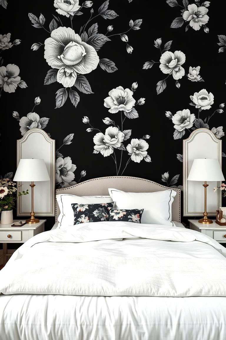 Feminine Floral Accents - 25 Feminine Black and White Bedroom Ideas