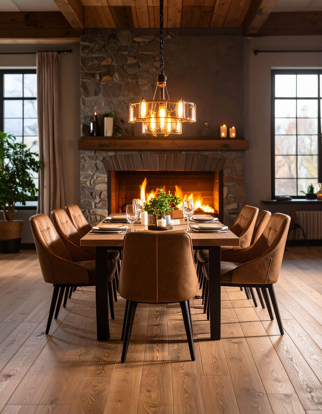 Firefly A full view of a masculine dining room featuring a fireplace with natural stone or da