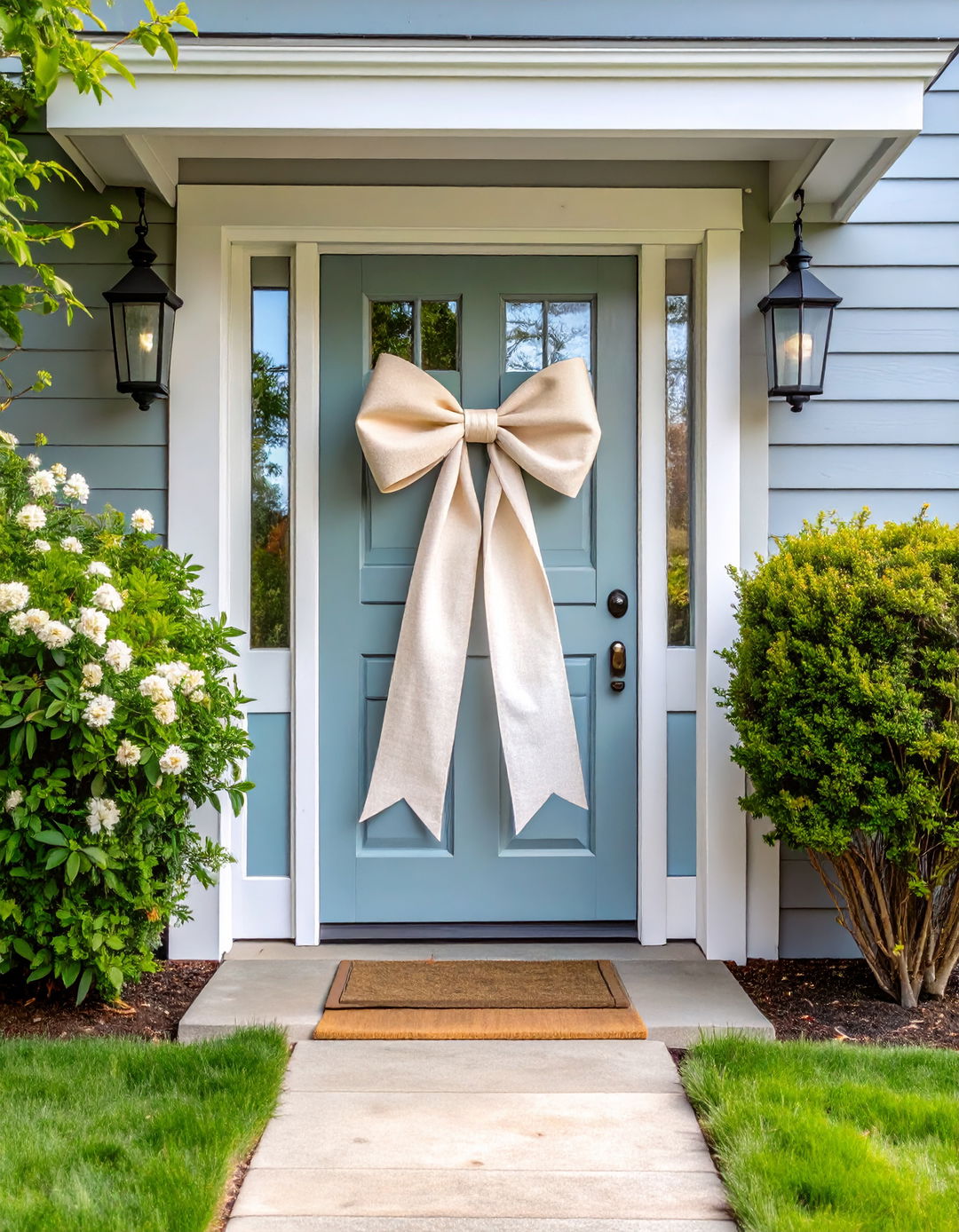 Firefly Front door adorned with large light colored bow or ribbon in linen burlap or sheer