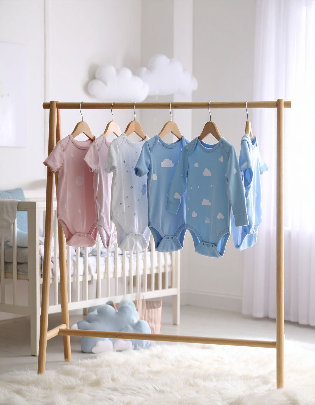 Firefly Soft baby clothes with cloud patterns—onesies sleep sacks and bibs in pastel colors