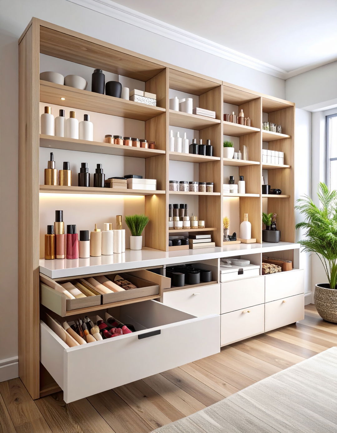 Firefly Vanity with pull out shelves filled with organized makeup palettes skincare and too