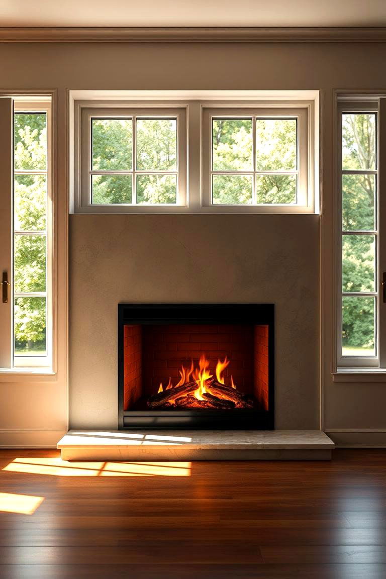 Fireplace with Adjustable Flame Height Between Windows - 25 Fireplace Between Windows Ideas