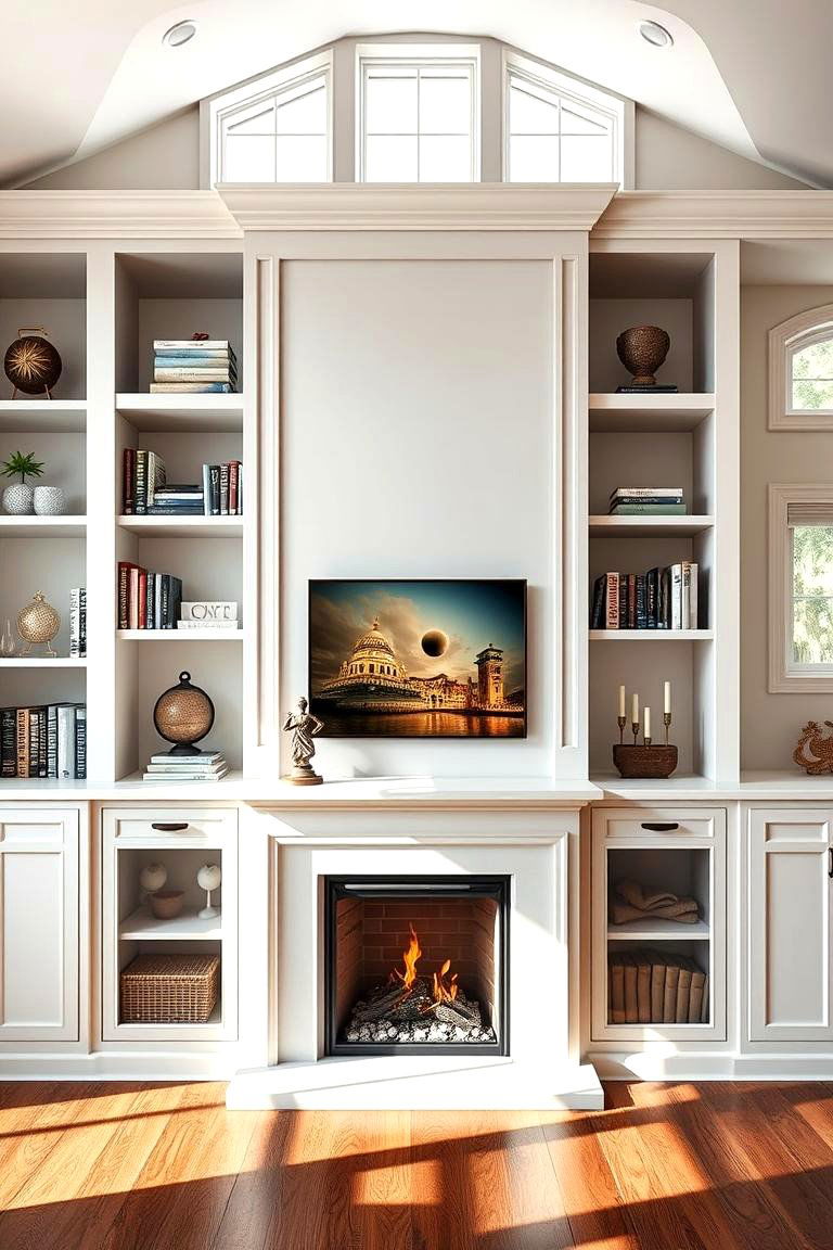Fireplace with Built In Bookshelves and Windows - 25 Fireplace Between Windows Ideas