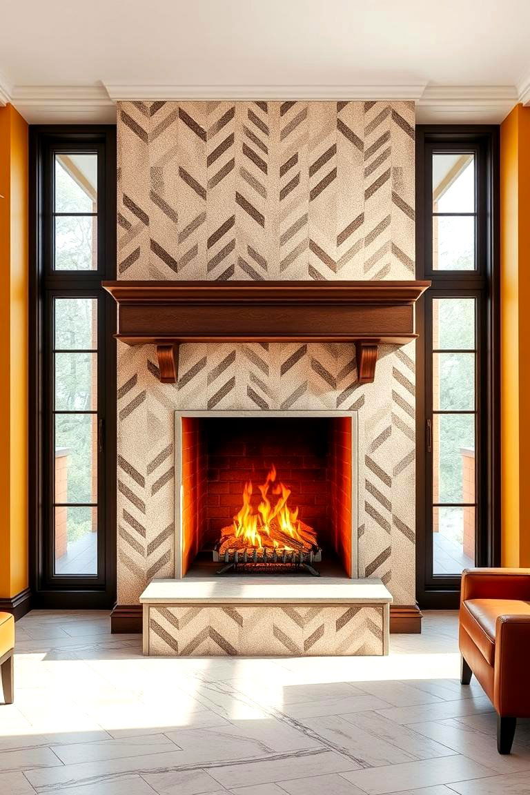 Fireplace with Tiled Surround Between Windows - 25 Fireplace Between Windows Ideas