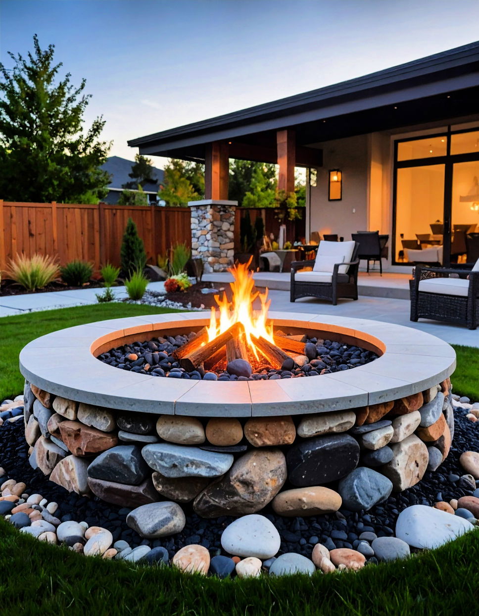 Flagstone Fire Pit Design with River Rock Base