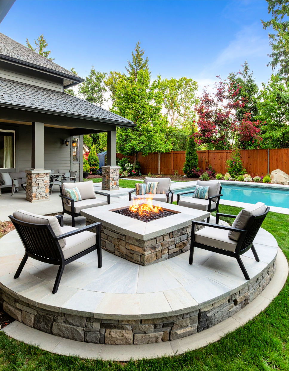 Flagstone Fire Pit Idea with Raised Seating Area