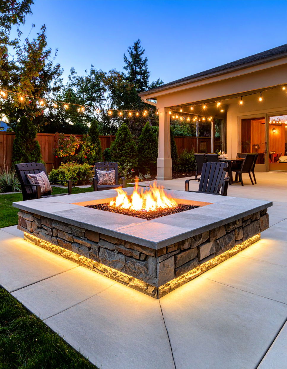 Flagstone Fire Pit with Custom Lighting Idea