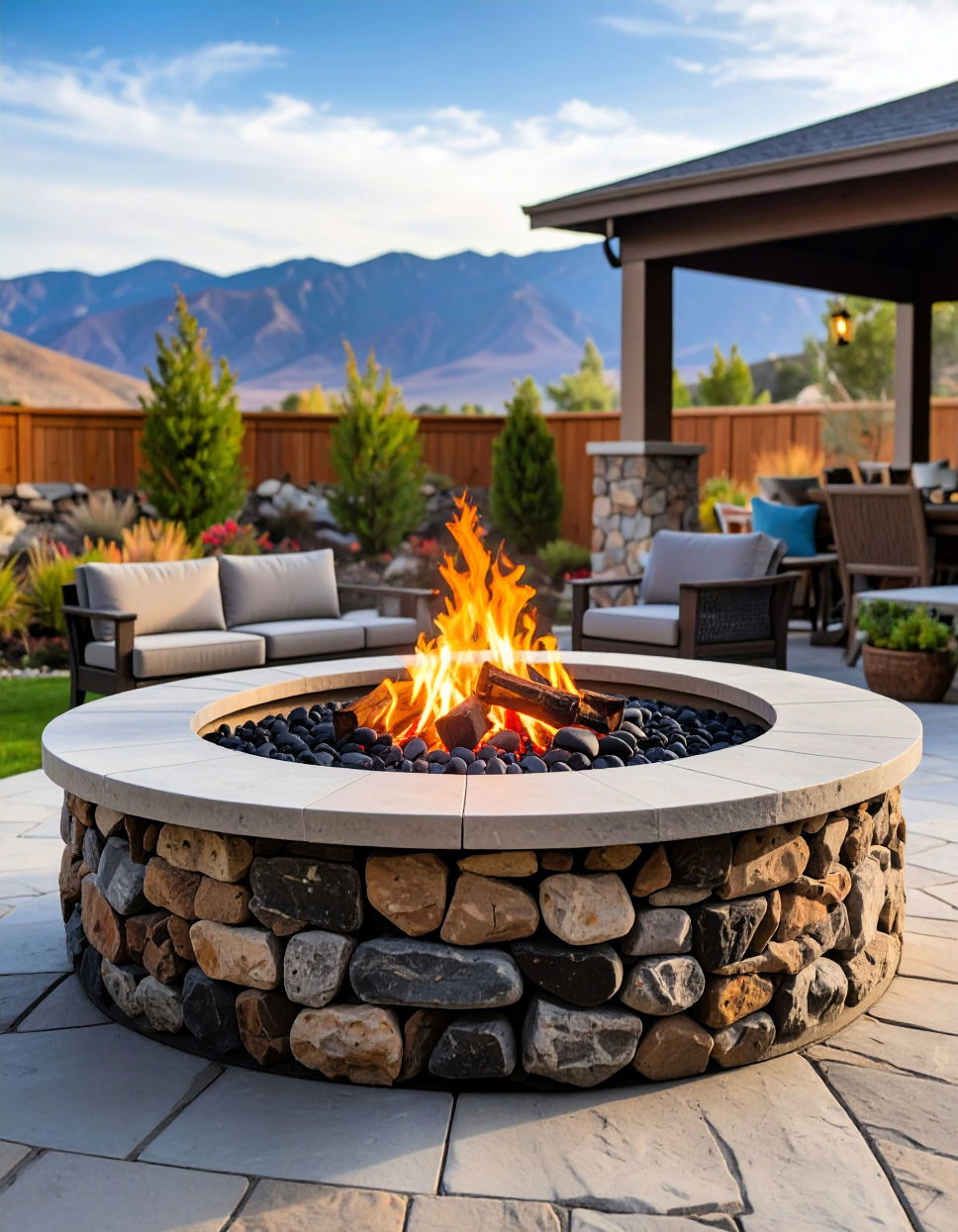 Flagstone Fire Pit with Lava Rocks Idea