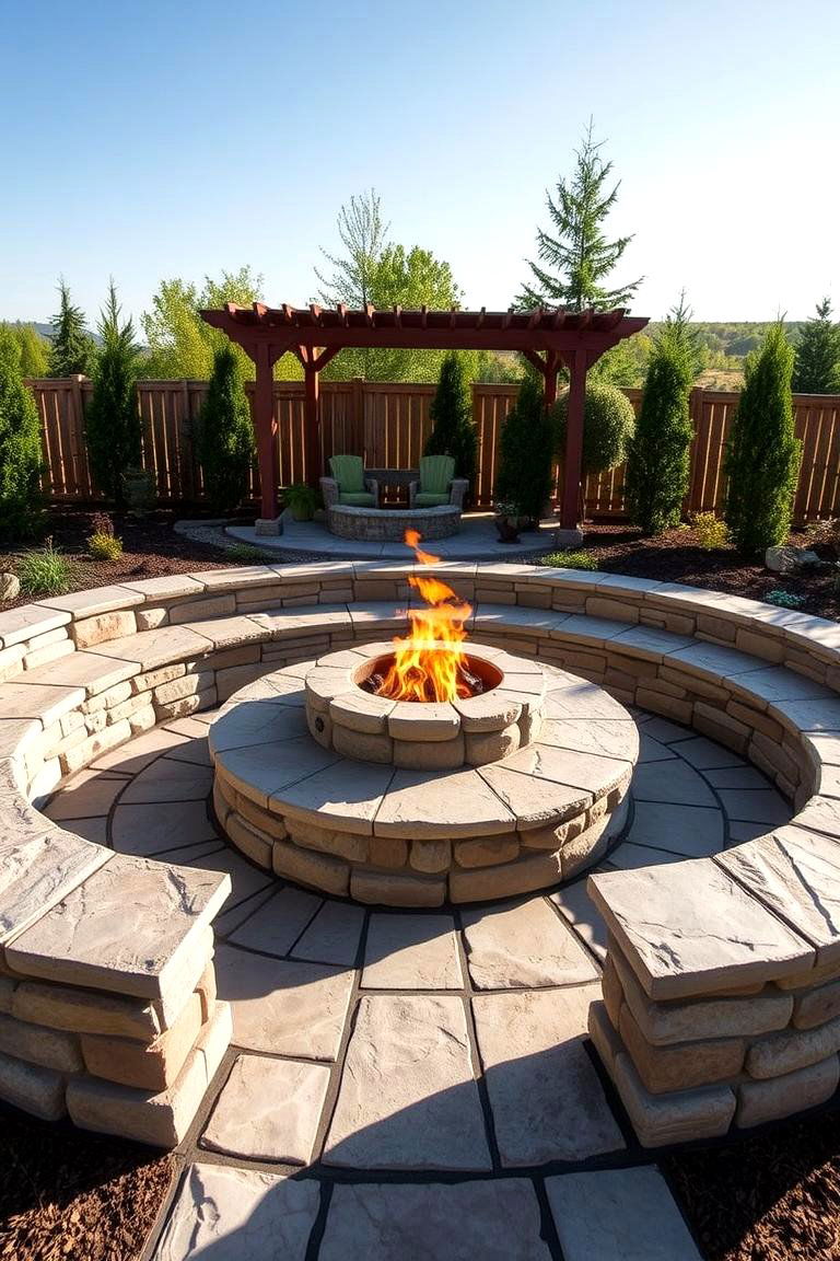 Flagstone Fire Pit with Stone Bench Seating - 25 Flagstone Fire Pit Ideas
