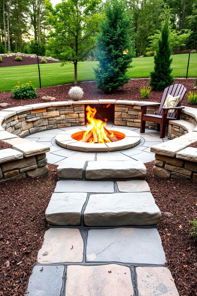 Flagstone Fire Pit with Stone Steps Leading Up to It - 25 Flagstone Fire Pit Ideas