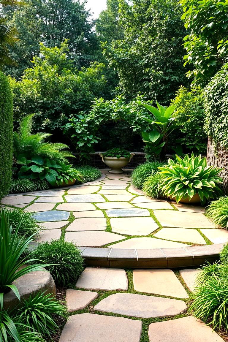 Flagstone Patio Surrounded by Lush Plants - 25 Flagstone Patio Ideas