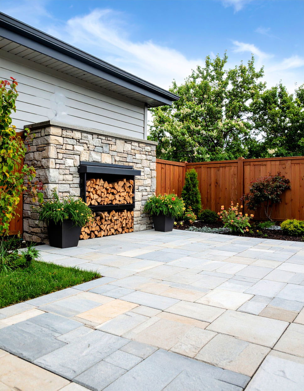 Flagstone Patio with Firewood Storage