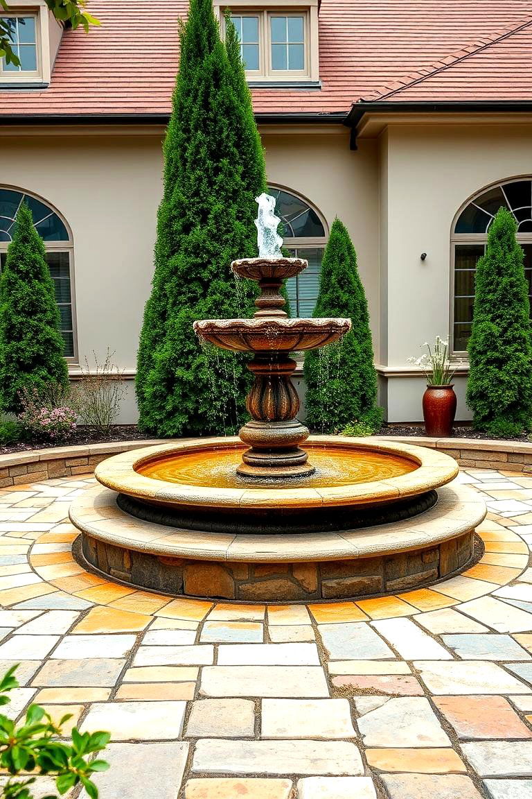 Flagstone Patio with a Central Fountain - 25 Flagstone Patio Ideas