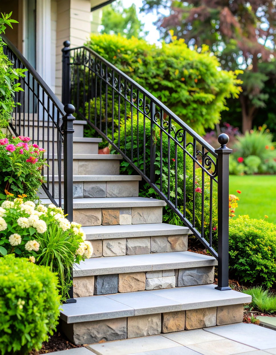 Flagstone Steps with Metal Railing Design