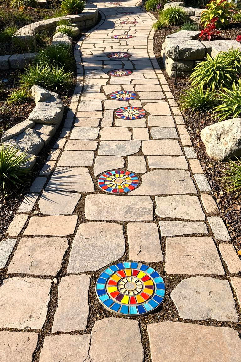 Flagstone Walkway with Decorative Mosaic Insets - 25 Flagstone Walkway Ideas