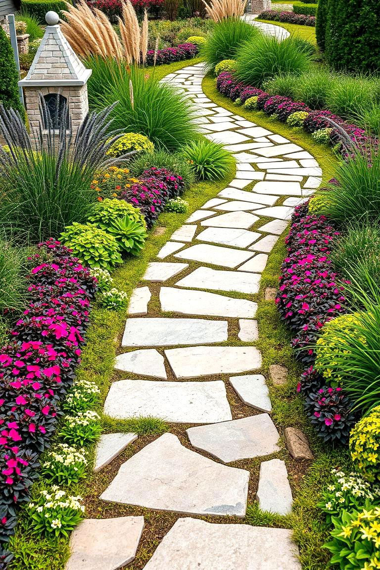 Flagstone Walkway with Plantings Along the Edges - 25 Flagstone Walkway Ideas