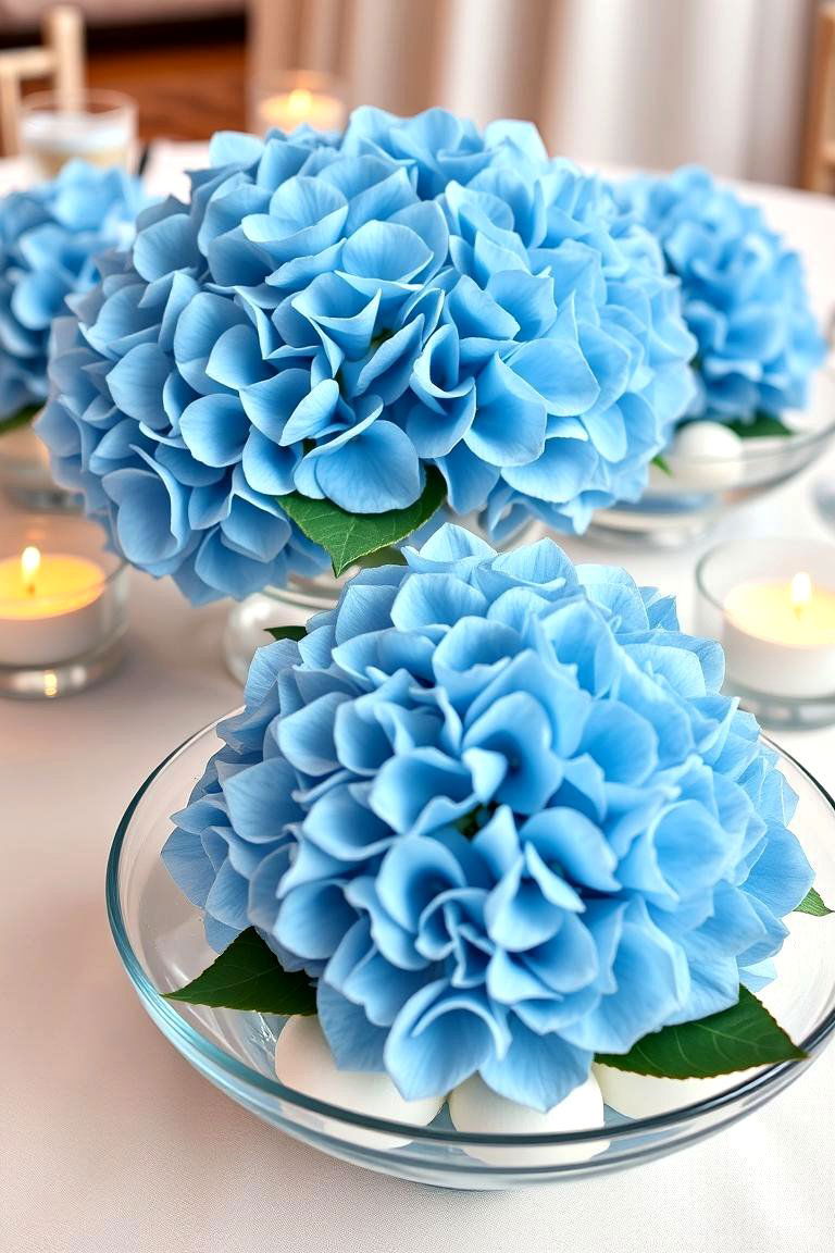 Floating Blue Hydrangeas in Shallow Dishes - 25 Floating Wedding Centerpiece Ideas