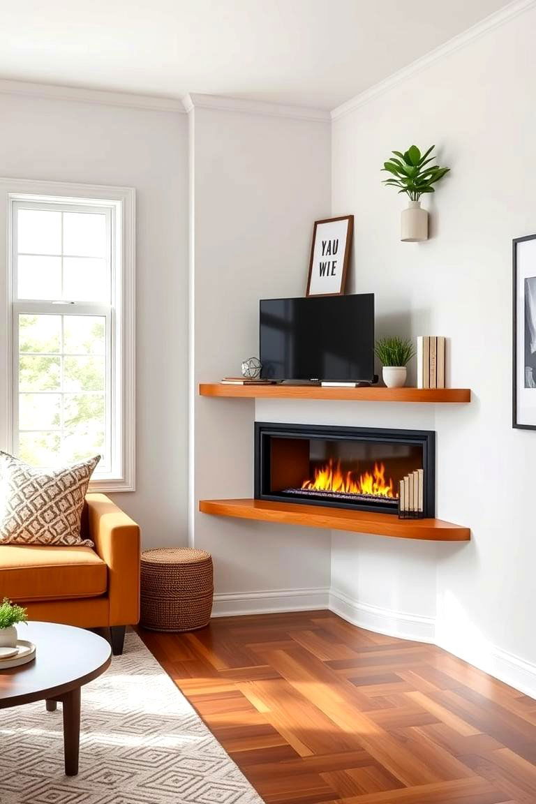 Floating Corner Shelf for Space Saving Solutions - 25 Corner Gas Fireplace Ideas