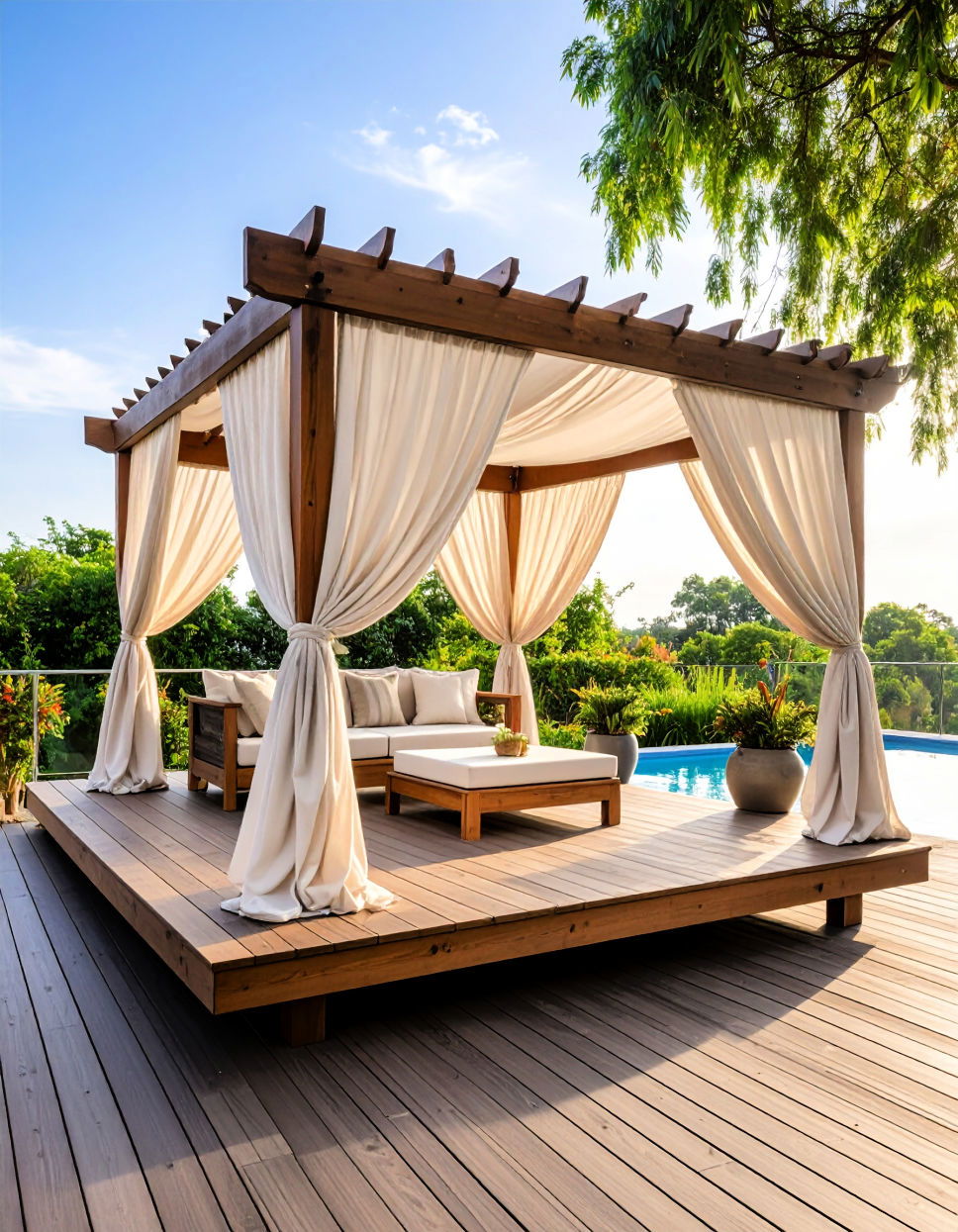 Floating Deck with Pergola and Curtains