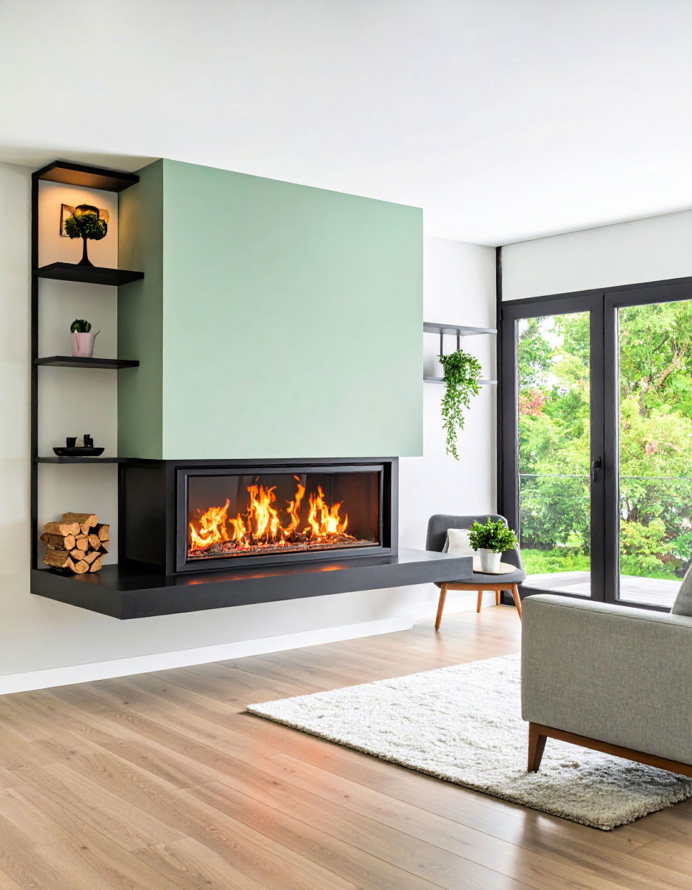Floating Fireplace with Built in Shelving Idea