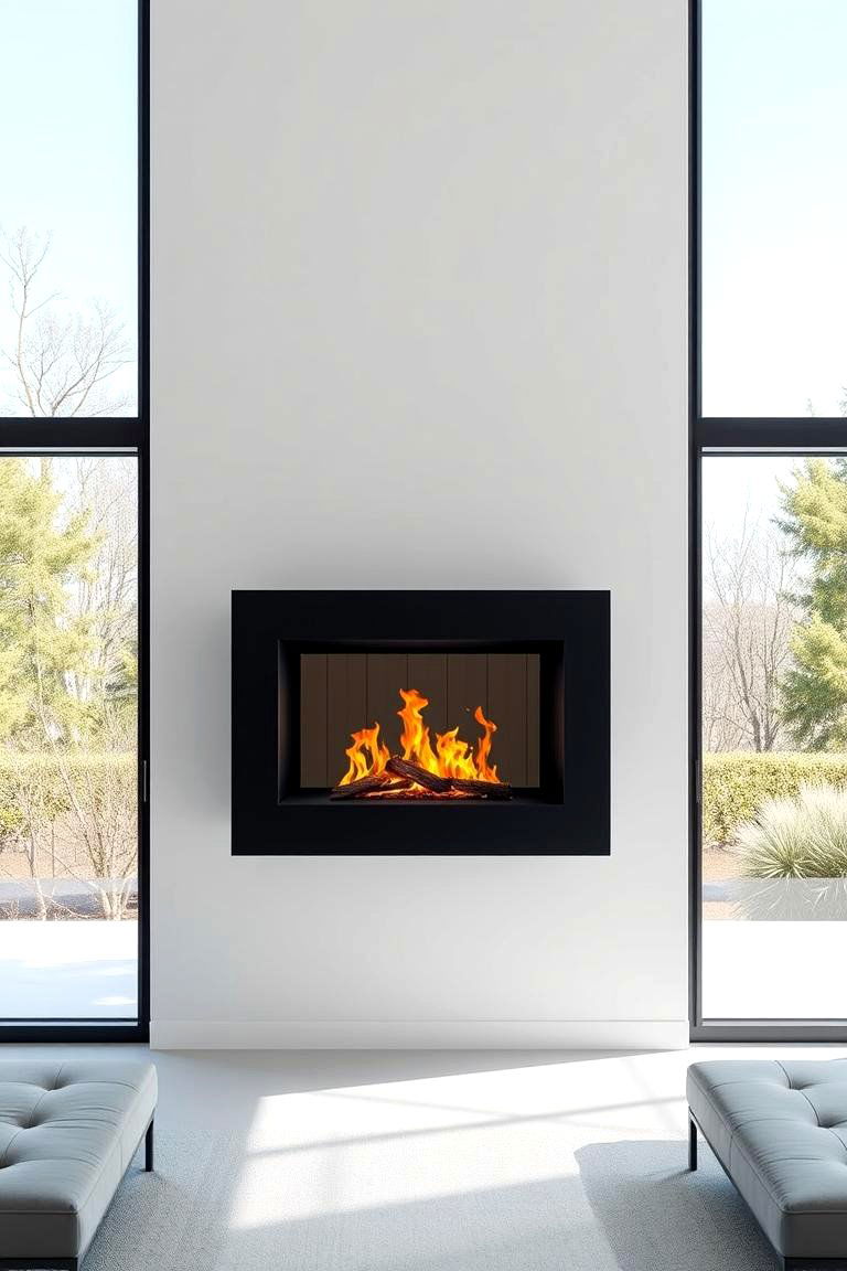 Floating Fireplace with Minimal Frame - 25 Fireplace Between Windows Ideas