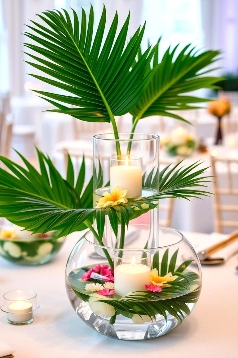 Floating Palm Leaves in Transparent Bowls - 25 Floating Wedding Centerpiece Ideas