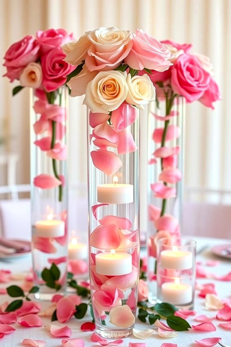 Floating Rose Petals in Clear Vases - 25 Floating Wedding Centerpiece Ideas