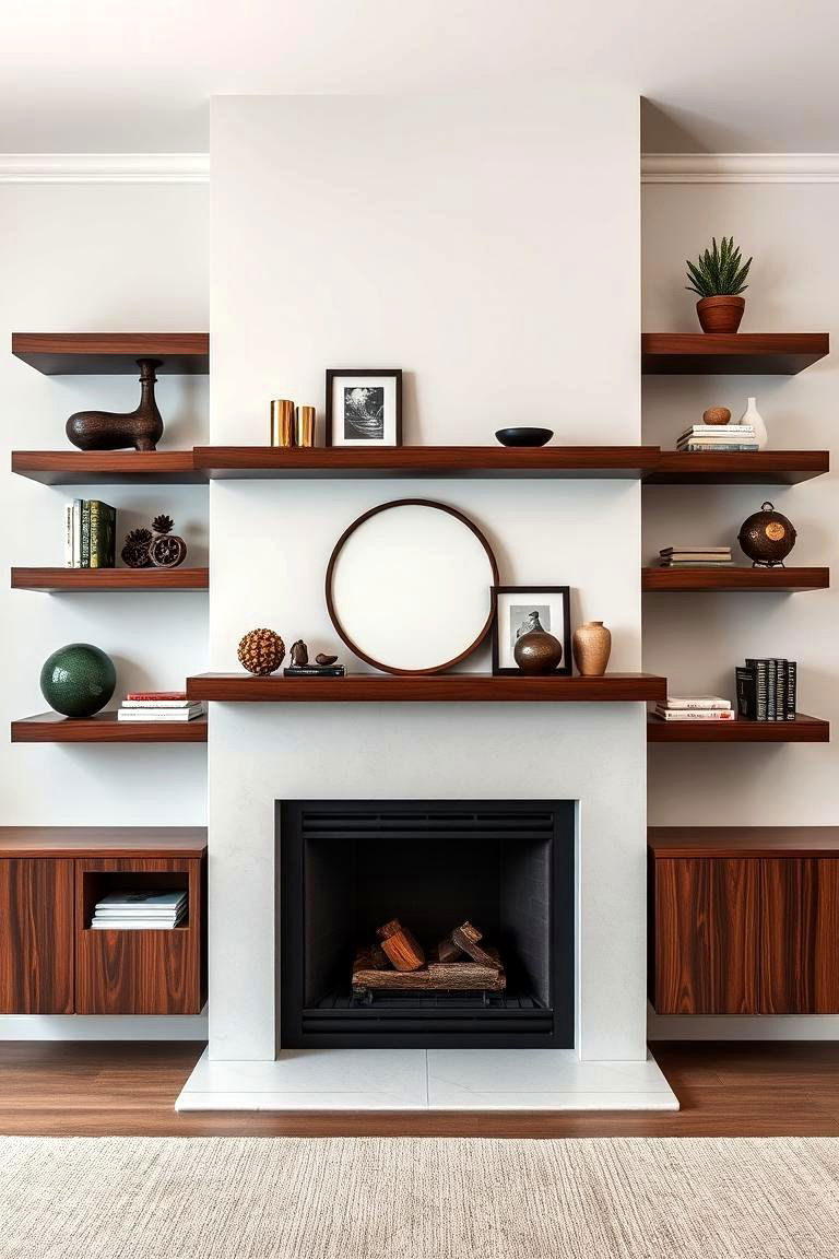 Floating Shelves in Rich Dark Wood - 25 Fireplace Floating Shelves Design Ideas