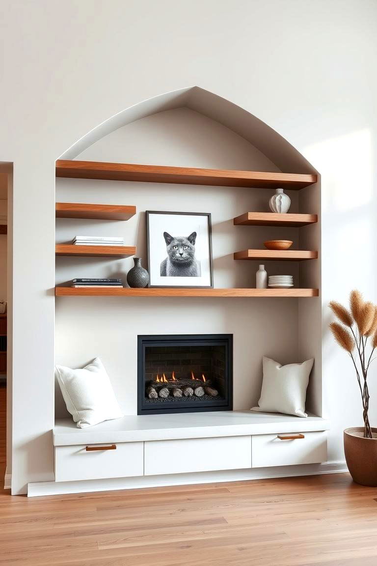 Floating Shelves with Built in Seating - 25 Fireplace Seating Ideas