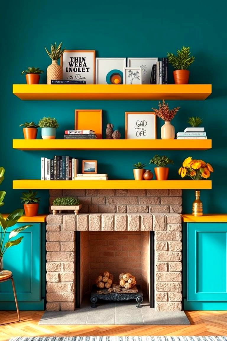 Floating Shelves with a Pop of Color - 25 Fireplace Floating Shelves Design Ideas