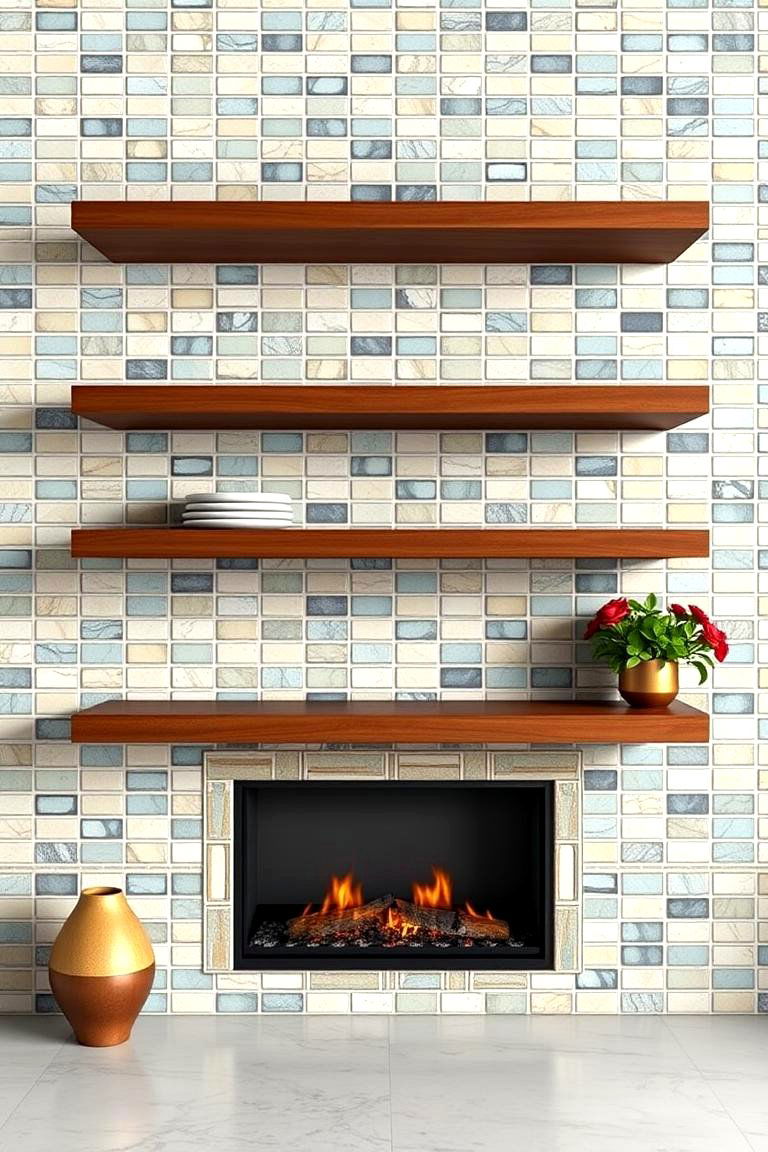 Floating Shelves with a Tiled Background - 25 Fireplace Floating Shelves Design Ideas