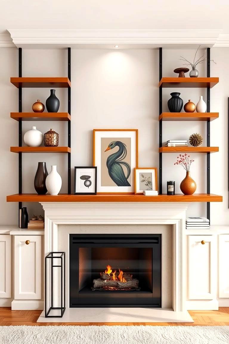 Floating Shelves with an Integrated Fireplace Mantel - 25 Fireplace Floating Shelves Design Ideas