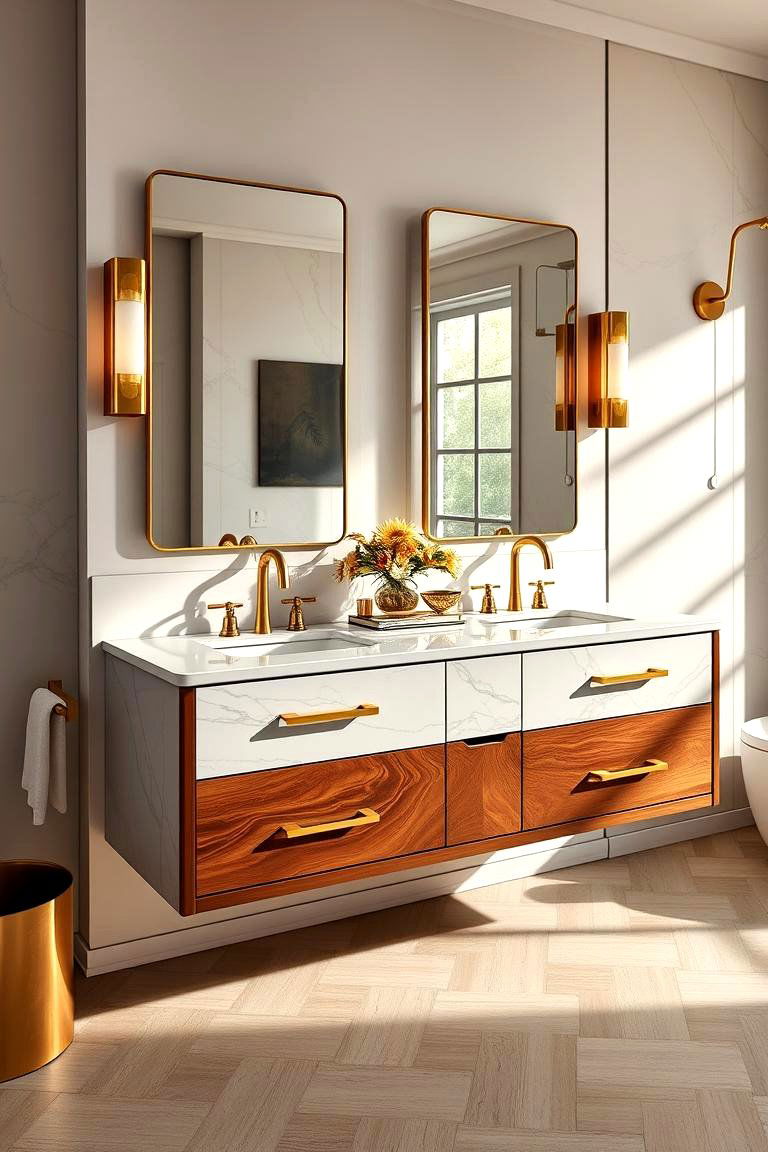 Floating Vanity with Brass Accents for a Touch of Luxury - 25 Floating Vanity Bathroom Ideas