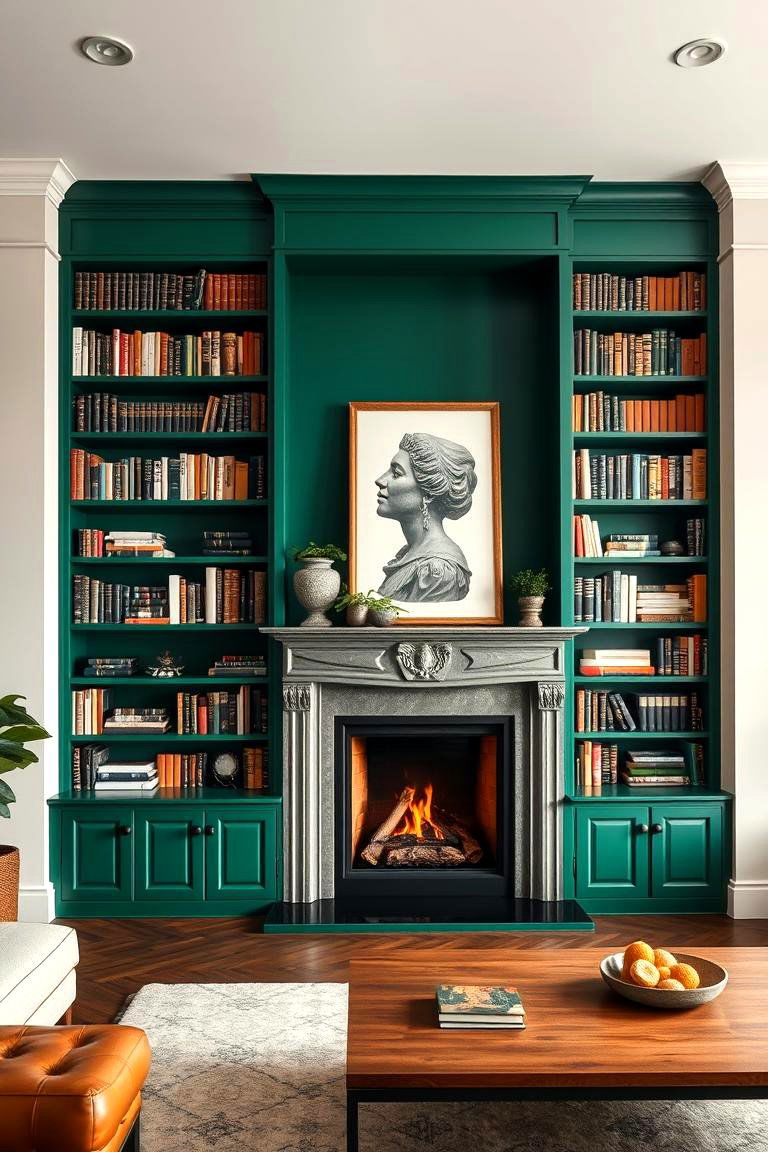 Floor to Ceiling Green Bookcase - 25 Green Fireplace Ideas