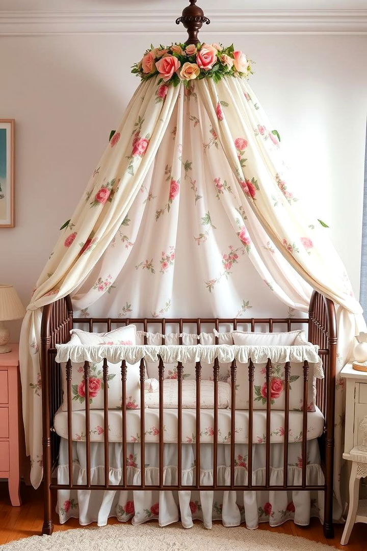 Floral Bed Canopy for a Dreamy Nursery Atmosphere - 25 Vintage Nursery Ideas