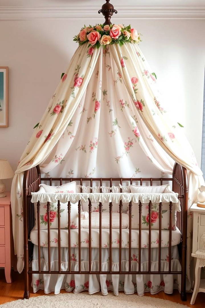 Floral Bed Canopy for a Dreamy Nursery Atmosphere - 25 Vintage Nursery Ideas