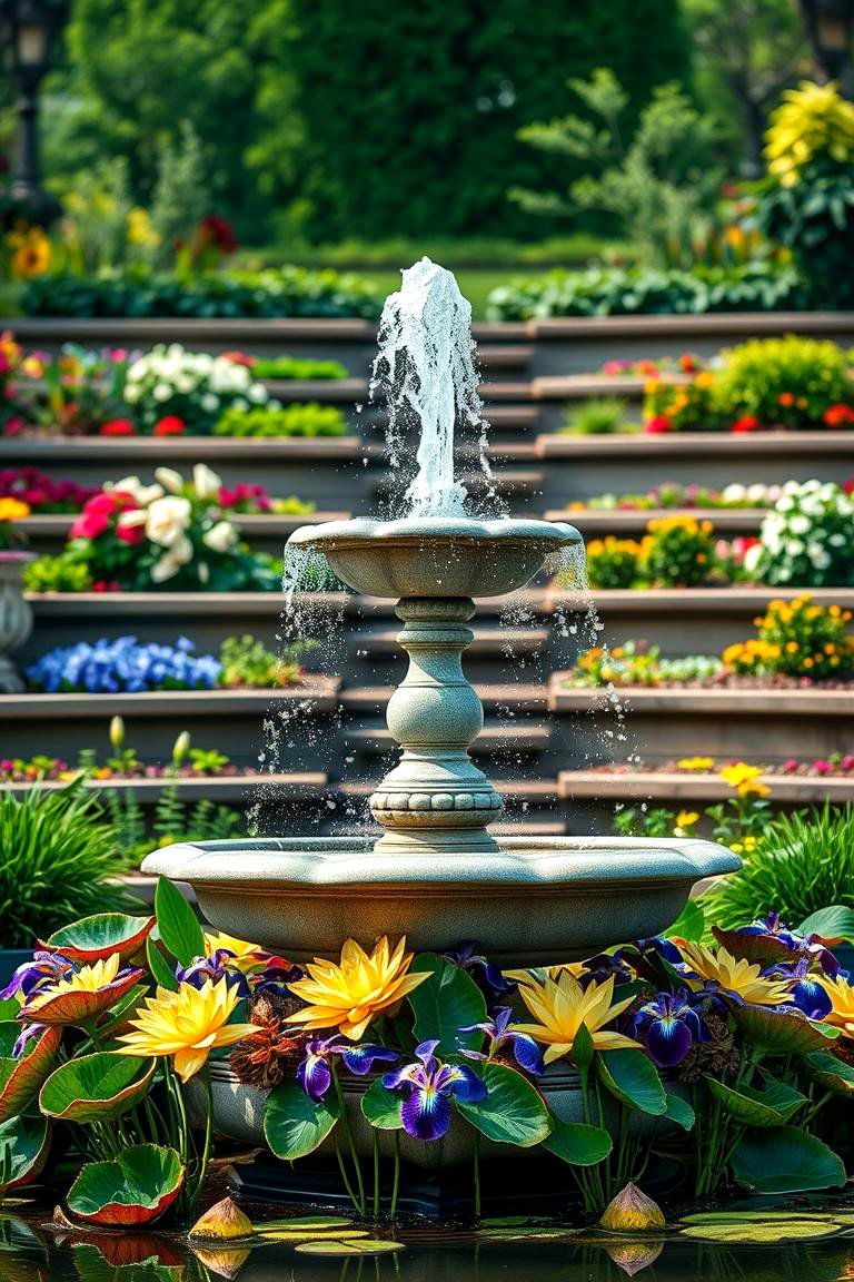 Floral Fountain in a Tiered Garden - 25 Tiered Garden Ideas