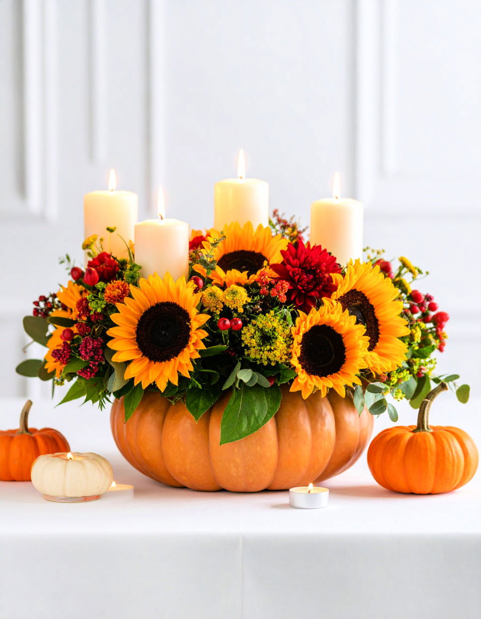 Floral and Pumpkin Centerpiece with Candles Thanksgiving Centerpiece Ideas