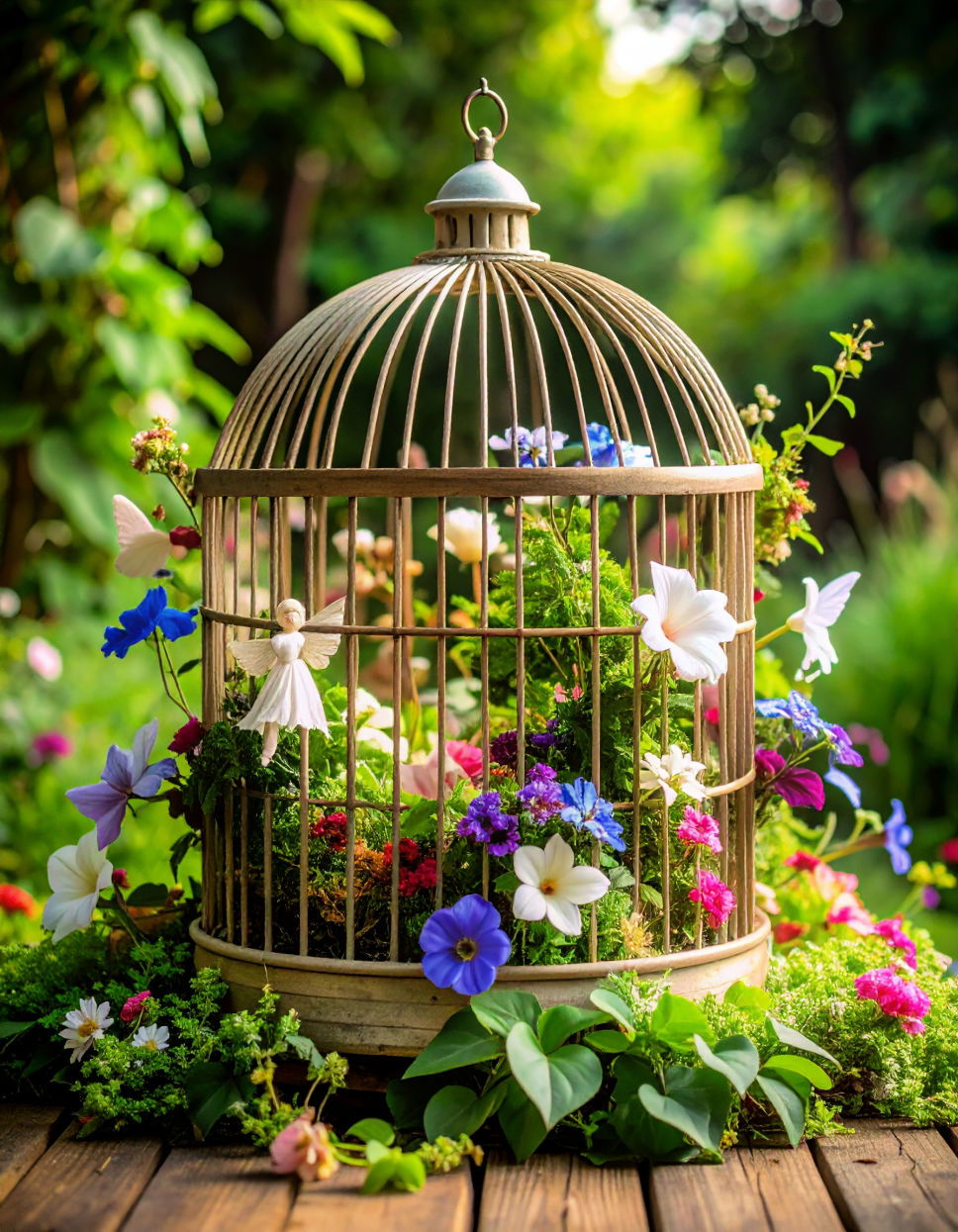 Flower Fairy Garden in a Birdcage