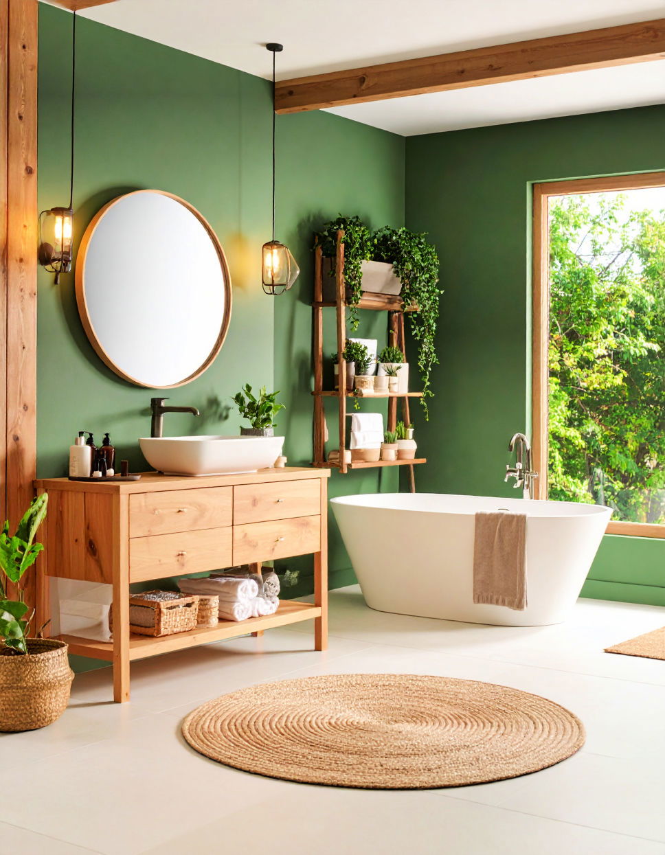 Forest Green Bathroom with Wood Accents