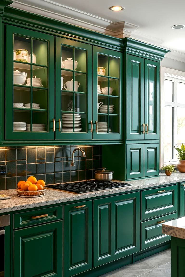 Forest Green Cabinets with Glass Cabinet Doors - 25 Forest Green Kitchen Ideas