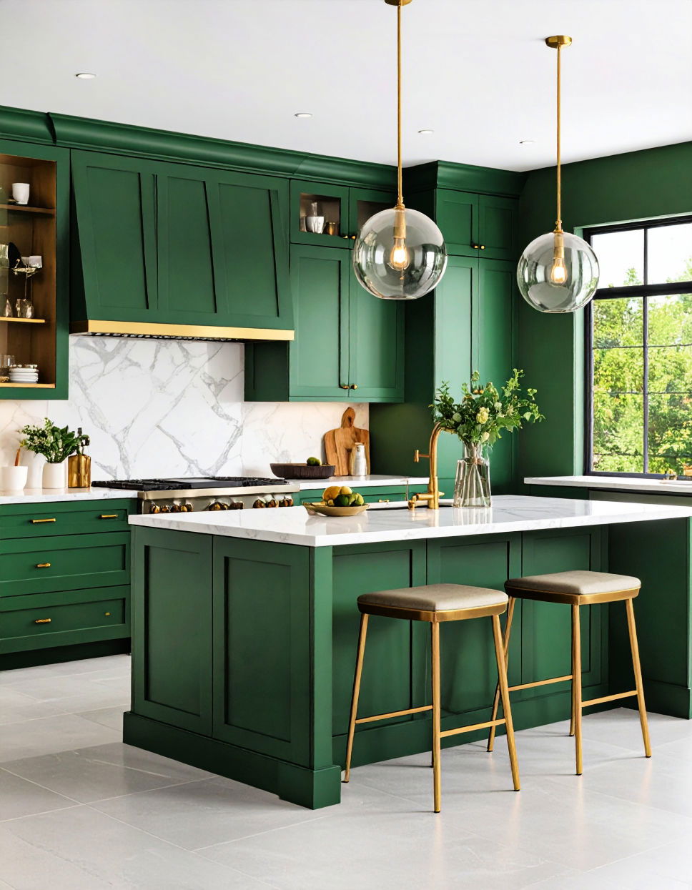 Forest Green Kitchen Cabinets with Brass Fixtures