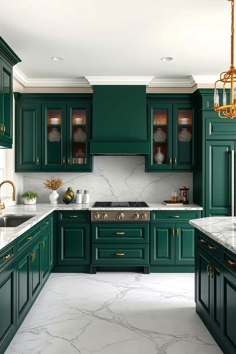 Forest Green Kitchen Cabinets with Marble Countertops - 25 Forest Green Kitchen Ideas