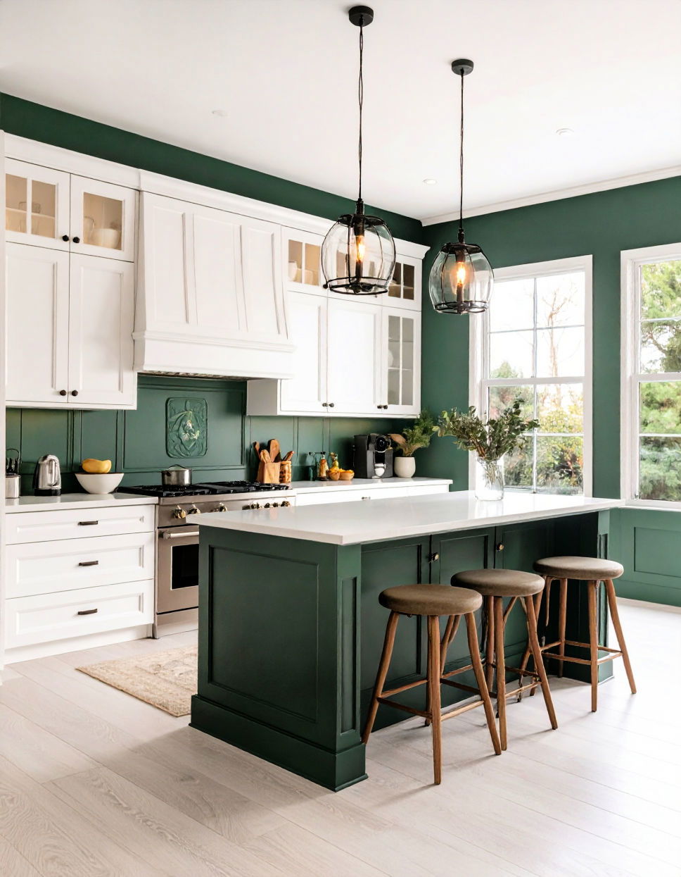 Forest Green Painted Walls and White Trim Idea