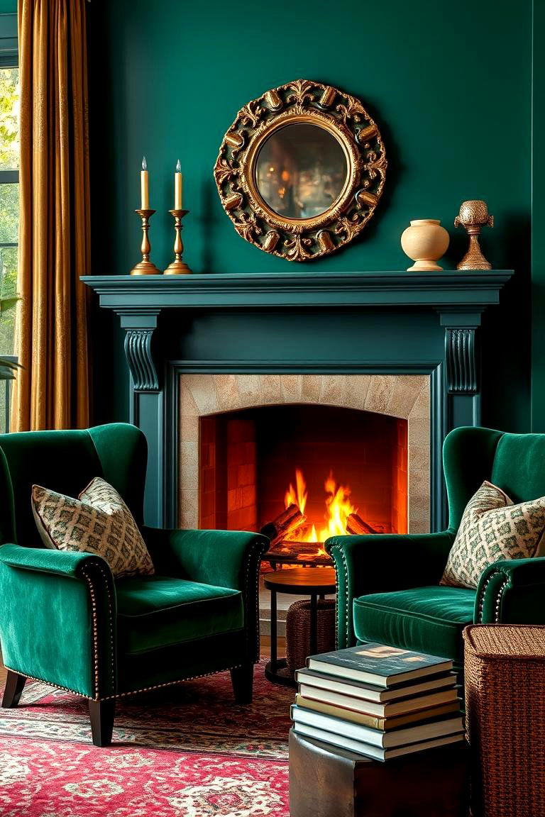 Forest Green Velvet Armchairs - 25 Green Fireplace Ideas